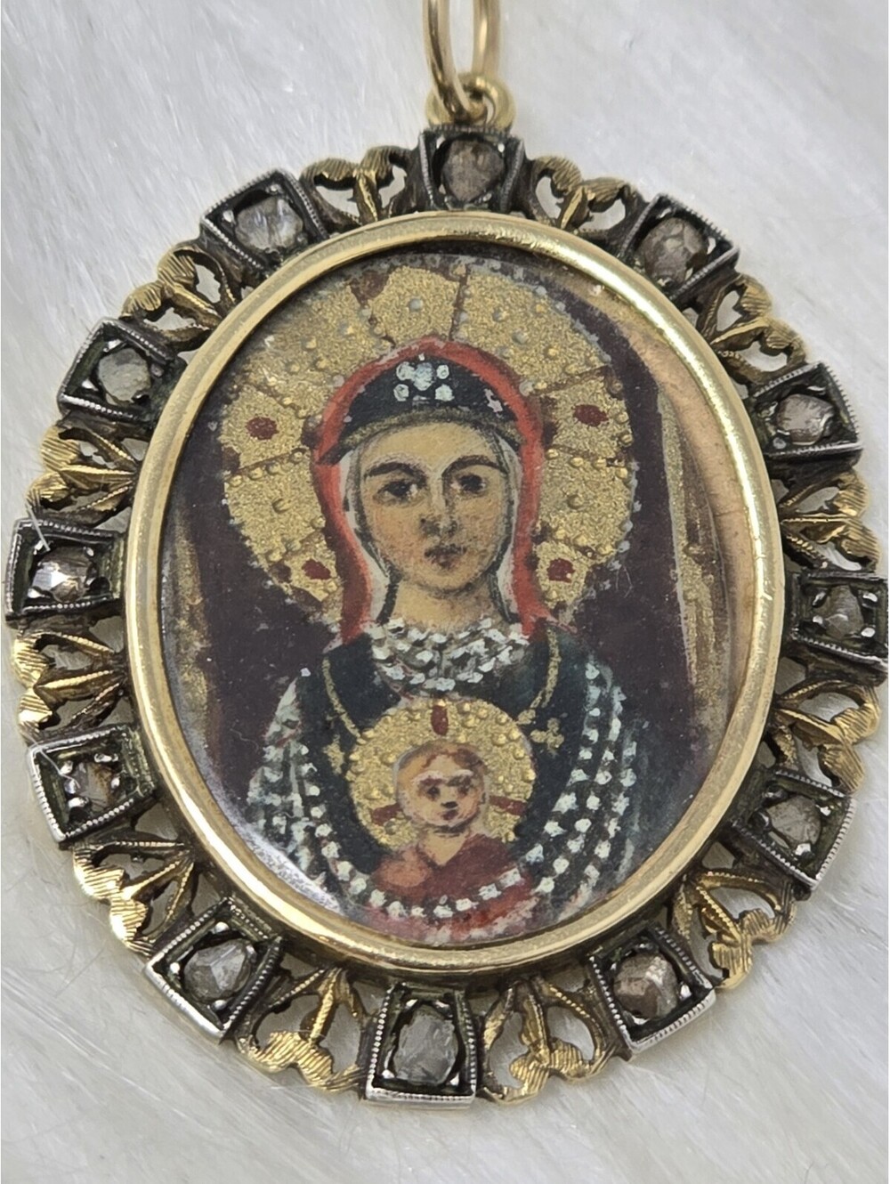 18K Gold Madonna Child Icon Rose Cut Diamond Pendant